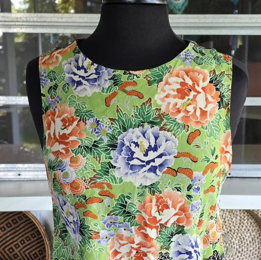 Reformation OS Sheer Hi-lo Tank Top Resortwear Green Orange Floral Bohochic
